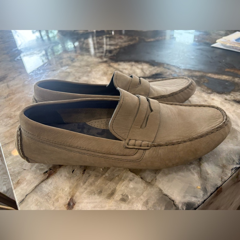 Men's Suede Cole Haan Signature 11 Penny Loafers in Taupe or grey